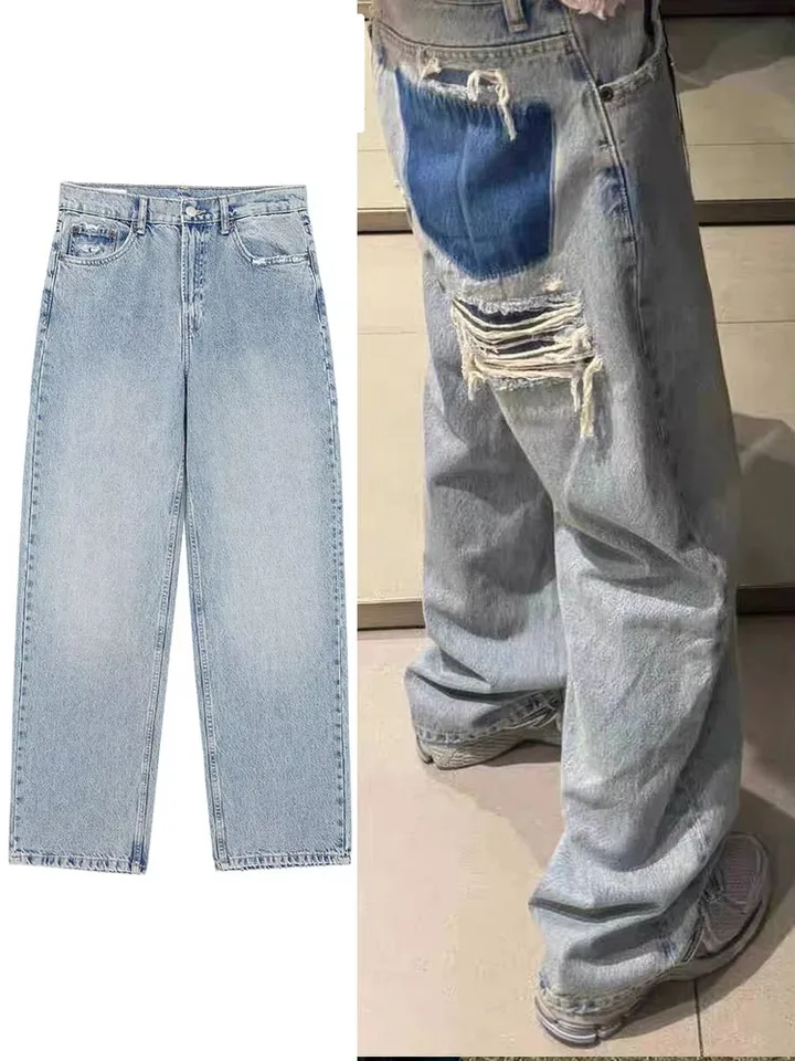 Jean Femme Ample Décontracté Taille Haute - Coupe Wide Leg, Déchirures, En Denim Bleu, Pour Style Casual