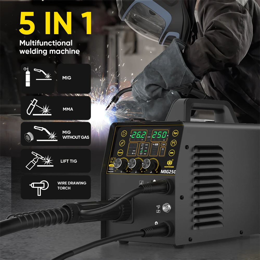 HZXVOGEN 250A 5 in 1 Aluminum Welding Machine ARC/Gas Gasless MIG/LIFT TIG Spot Welding Portable Welder for Home Industrial Use