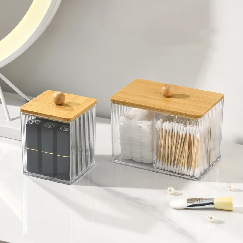 Acrylic Cotton Swab Holder Cotton Swab Dispenser with Bamboo Lids otton Ball Pad Round Swab Holder Clear Apothecary Canister Jar 5