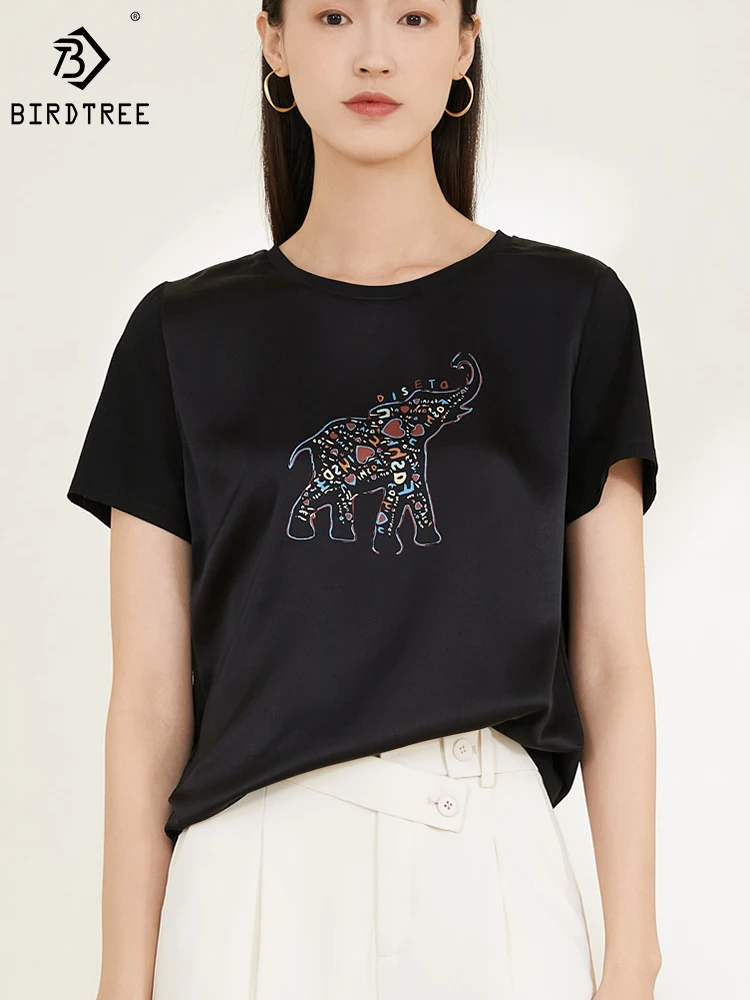 

BirdTree 90%Mulberry Silk Stretch Satin T-Shirts,Women Round Neck Print Short Sleeve,Slim Simple Casual Top,2024 Spring T41907QD