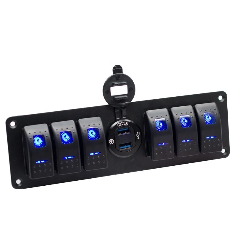 

6 Gang Rocker Switch 12V SPST ON Off Switch QC 3.0 USB Charger Voltmeter Waterproof Aluminum Rocker Switch Panel