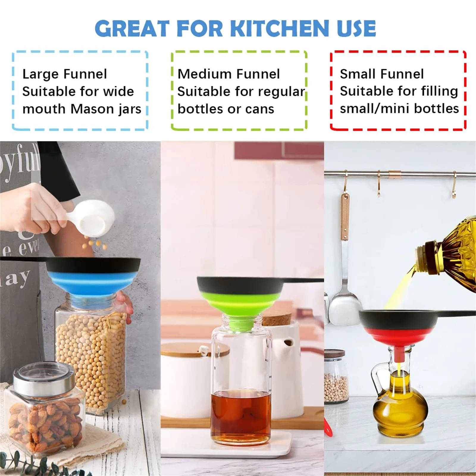 3Pcs/set Folding Telescopic Funnel Wide Mouth Oil Funnel Jam Filling Silicone Funnel Spice Large Canned Jar Funnel Kitchen Tools