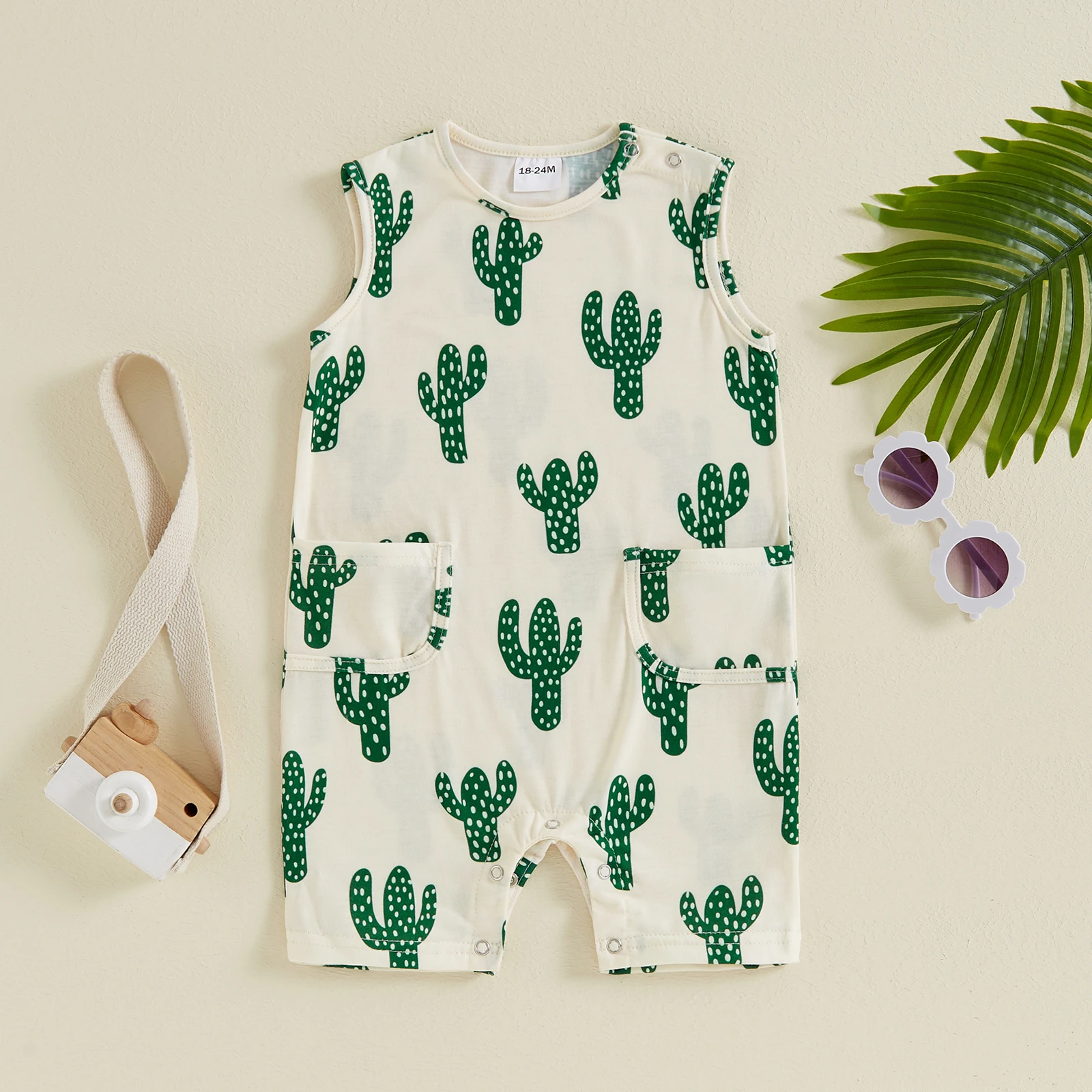 Summer Infant Baby Girl Boy Sleeveless Romper Casual Cactus Print Top Jumpsuit Pockets Overalls Clothes 2