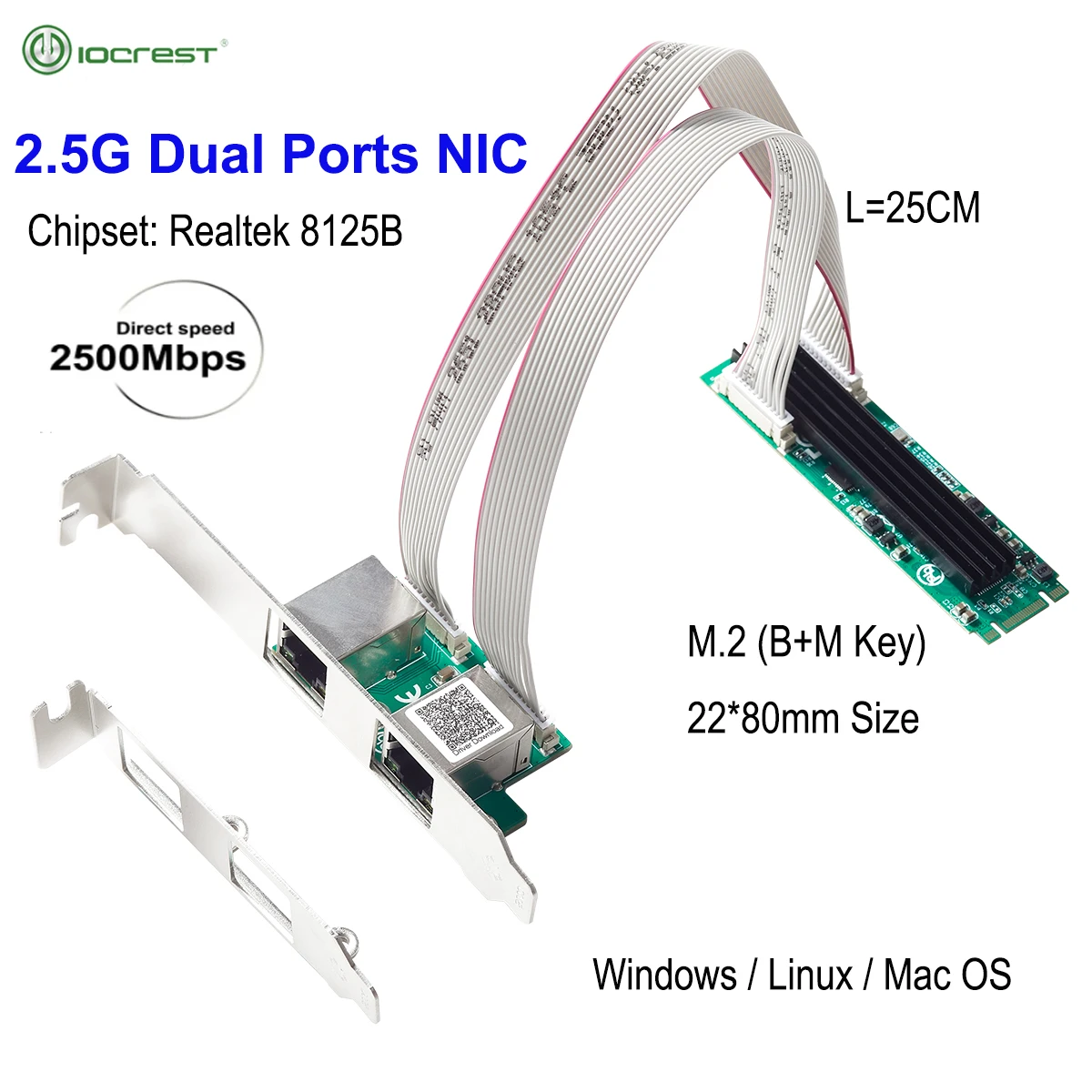 Iocrest-nic Placa de Rede M.2 para Porta Dupla 2.5g M.2 22×80 mm Chave b 2500 Mbps Chipconjunto Rtl8125b
