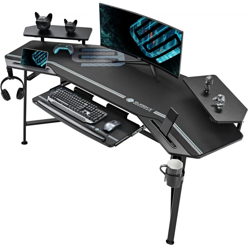 

EUREKA ERGONOMIC Gaming Desk with Led Lights,72" Wing-Shaped Studio Desk W Keyboard Tray，Large Computer Desk Table W Monitor