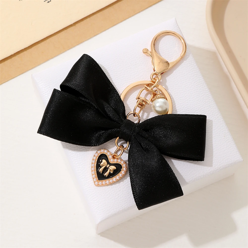 Fashion Love Heart Ribbon Bowknot Keychain Cute Pearl