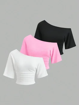 3 Pack Multi-color Women One Shoulder Short Sleeve Side Ruched Cropped T Shirt 2026 Summer Y2K Going Out Streetwear Tops