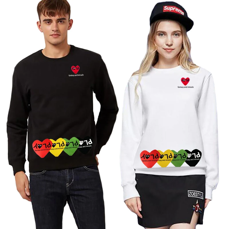 

Men Women O-neck Sweater Heart Letter Embroidery Colorful Heart Arrangement Print Cotton Autumn Winter Fleece Pullover Sweater