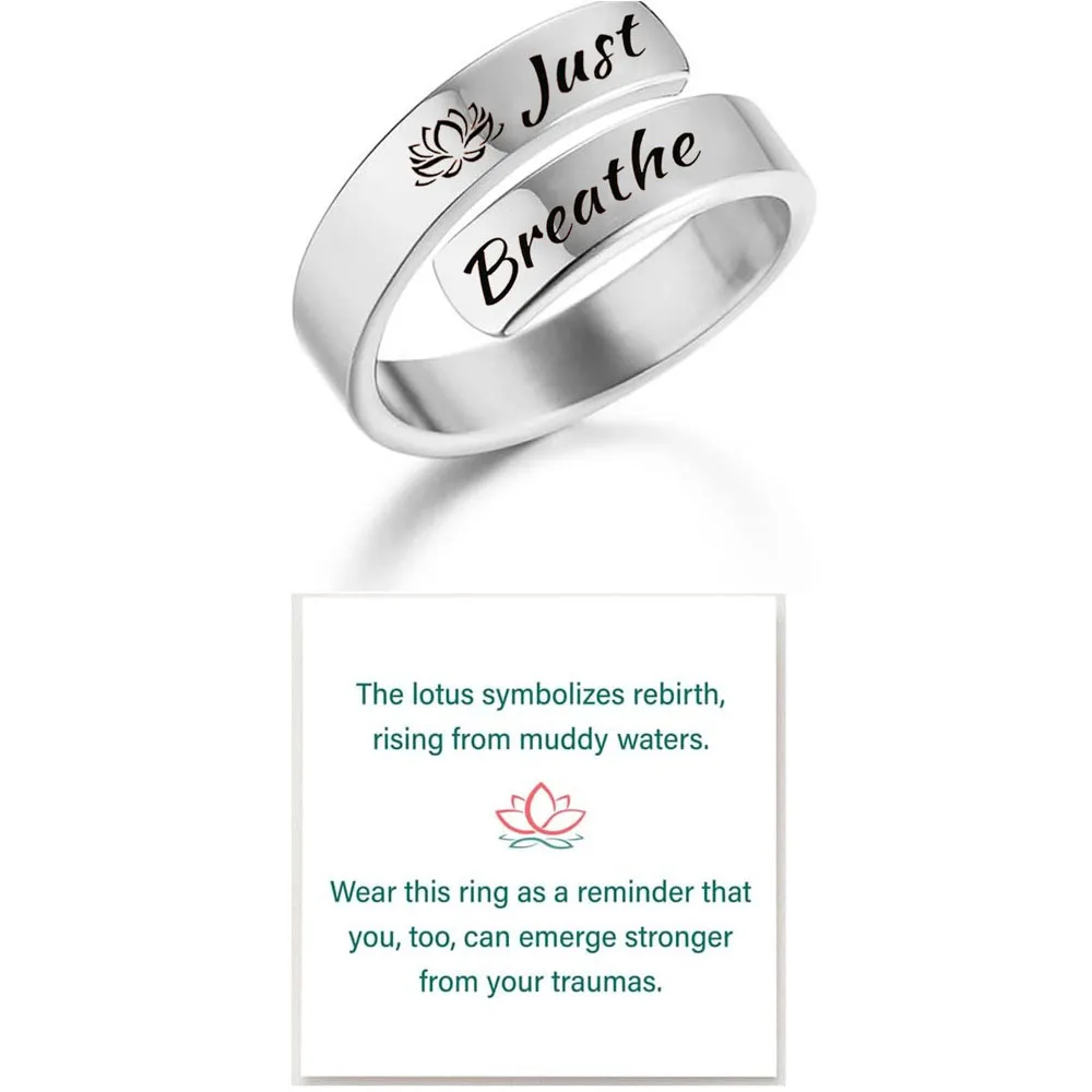 Just Breathe Ring for Women Adjustable Heart Ring Stainless Steel Spiral Wrap Healing Rings I F love you