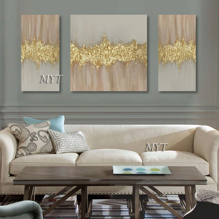 

Unframed Golden Oil Painting Artwork on Canvas for Living Rooms, New Design, Abstract Wall Art, 3Pcs Group Pictures, Hot Sale