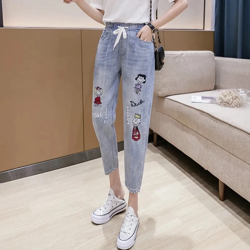 

Elastic Waist Jeans Women's Spring Summer New Schoolgirl Hole Cute Animal Pictures Ankle-Length Pants Large Size 3XL