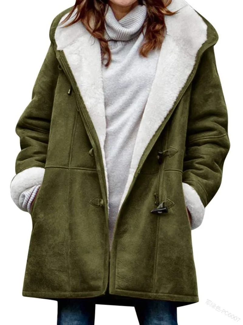 New Winter Cow Horn Buckle Jacket Women Pockets Solid Color Coat Fleece Lined Hooded Overcoat Female Outerwear Thicken Coat popular men s winter ferret sweater fleece lined thickened solid color casual sweater pullover men