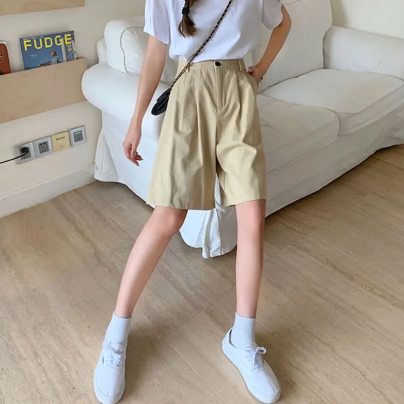 Soft Pleated Shorts Women’s Japan Simple Summer Knee Length Trousers College Teens Unisex Vintage High Rise Waist Loose Plus size womens Japanese Clothing for Woman in Khaki