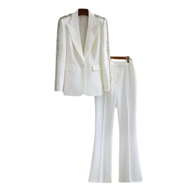 

Women's suit jacket beaded rhinestone, white suit top pants, luxurious, high quality