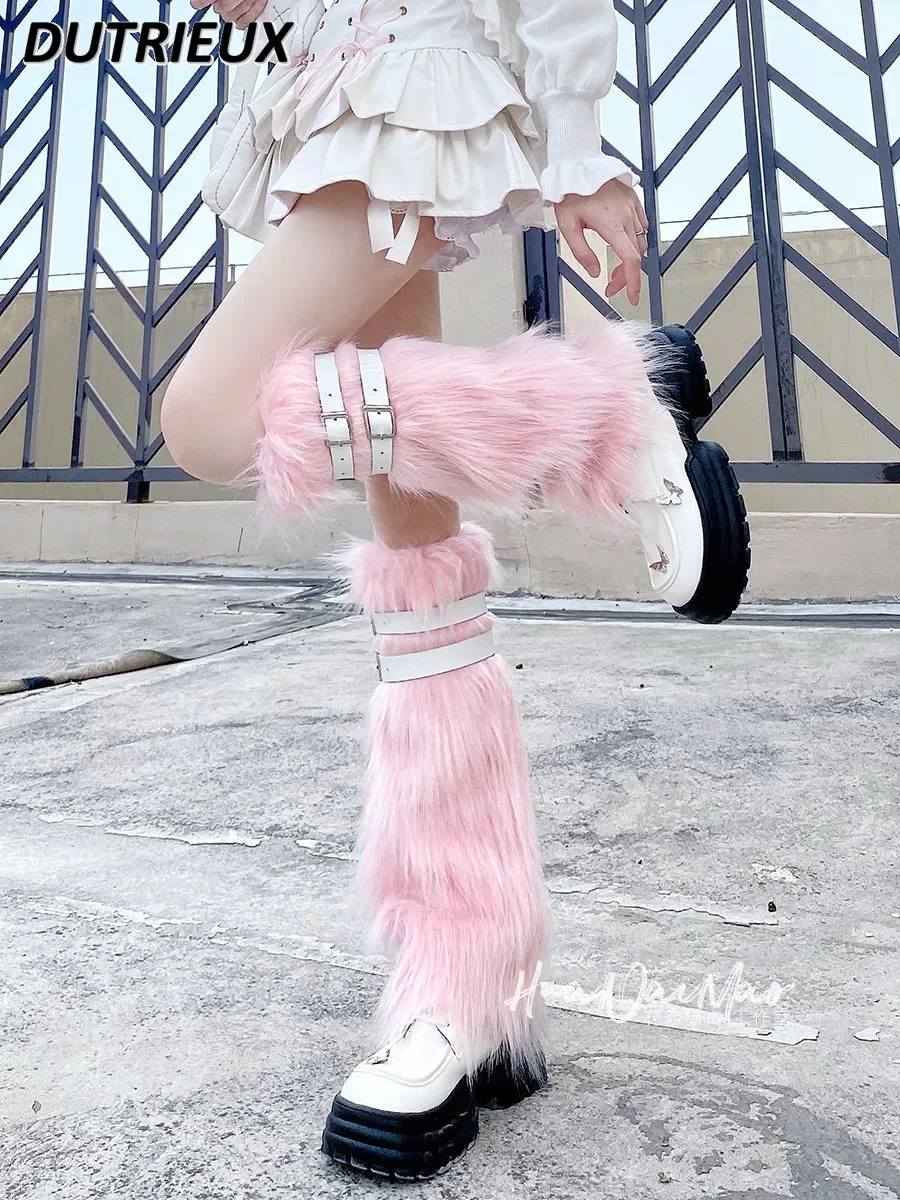 Y2k Hot Girl Fur Imitation Leg Warmer Warm Thickened Punk Leather Ring Sock Fleece-lined Tube Socks JK Foot Cover Legwarmers