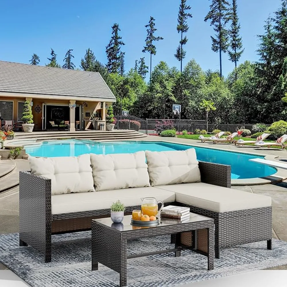

3 Pieces Outdoor Couch Patio Sectional Sofa, Weaving Wicker Rattan All Weather Patio Seating Sofas with Cushion and Glass Table