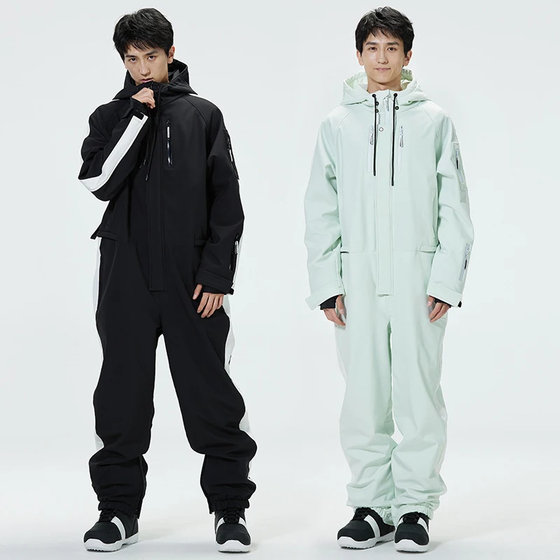 Hooded One Piece Men Snowsuits Waterproof Mountain Snowboarding