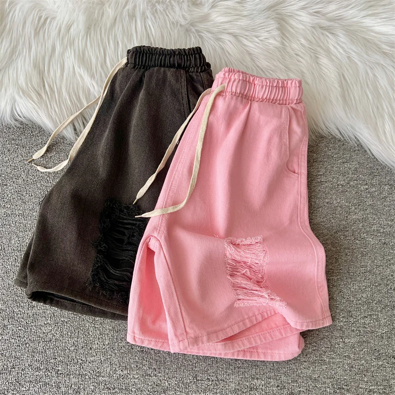 Baggy Vintage Summer Denim Shorts Men Ripped Straight Mid Rise Jeans for Men Drawstring Fashion Clothing Trend A187