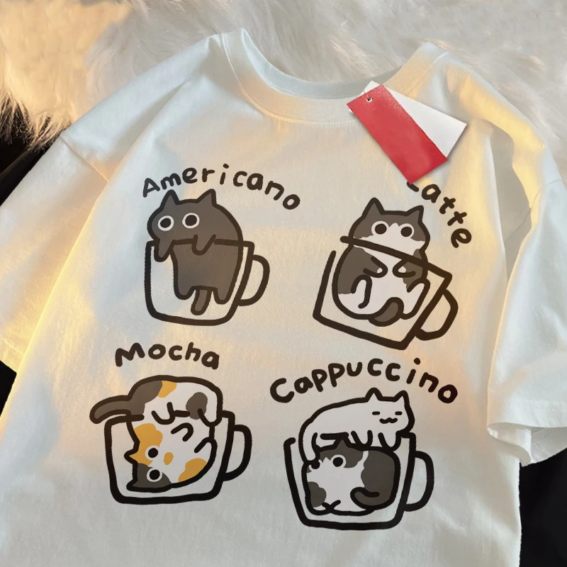 Katze Kaffee Reine Baumwolle Trendy Sommer Lose Kurzarm T-shirt Männer Frauen Original Mocha Latte Katze Drei Blumen Spaß Katze Tees – Detail 6