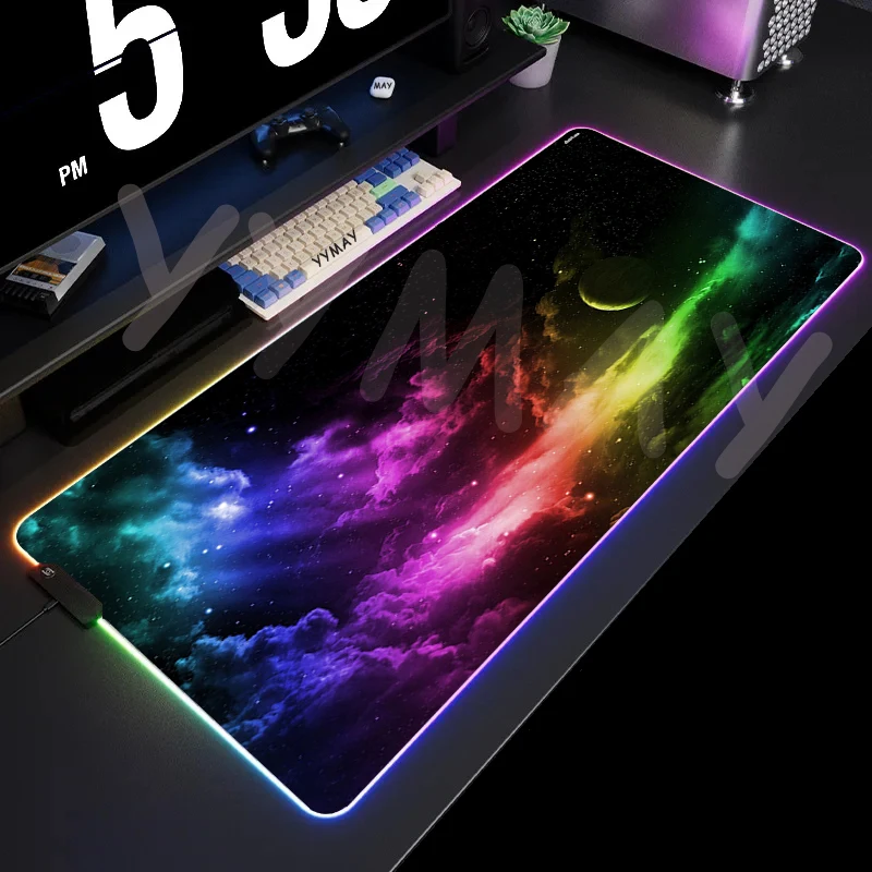 thumbnail image 1 of Alfombrilla de ratón RGB para videojuegos, cielo estrellado, alfombrillas para ratón espacial, alfombrillas para jugador LED grandes, almohadillas para teclado XXL, alfombrilla luminosa para escritori, 1 of 5