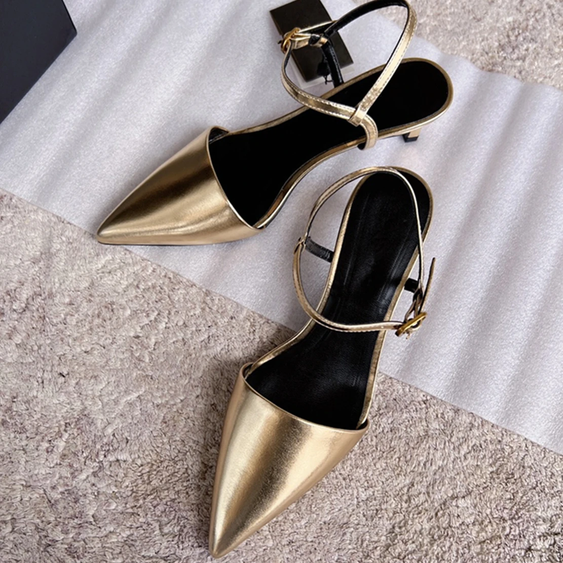 

Withered 2024 Summer French Retro Pointed Toe Stiletto Sandals Party Genuine Leather Ladies Solid Color Sandals Women