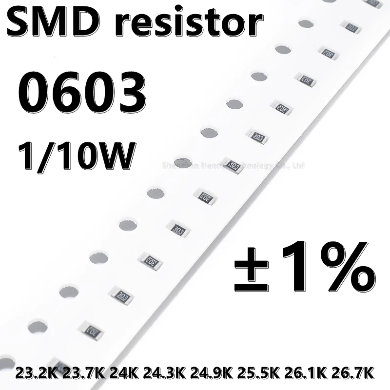 

(100 шт.) Высококачественный резистор 0603 SMD 1% 23,2 K 23,7 K 24K 24,3 K 24,9 K 25,5 K 26,1 K 26,7 K 1/10W