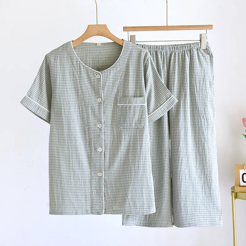 2024 Spring/Summer Couple Pajama Set 100% Cotton Gauze Short Sleeves+Capris Two Piece Men's and Women's Checkered Home Fur