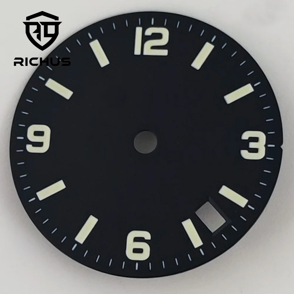 RICHUS NH35-Uhrenzifferblatt, 28,5 mm, steriles Zifferblatt, grün leuchtend, passend für NH35 NH34 Automatikwerk, passend für 3,8-Uhr-Krone