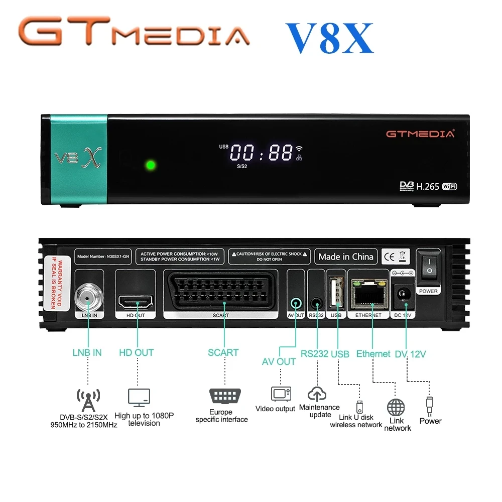 Gtmedia eacam v8x satelit přijímač DVB-S/S2/S2X, vcm/acm/multi-stream 1080P HD vestavěný 2.4G WIFI podpora BISS auto rolovat