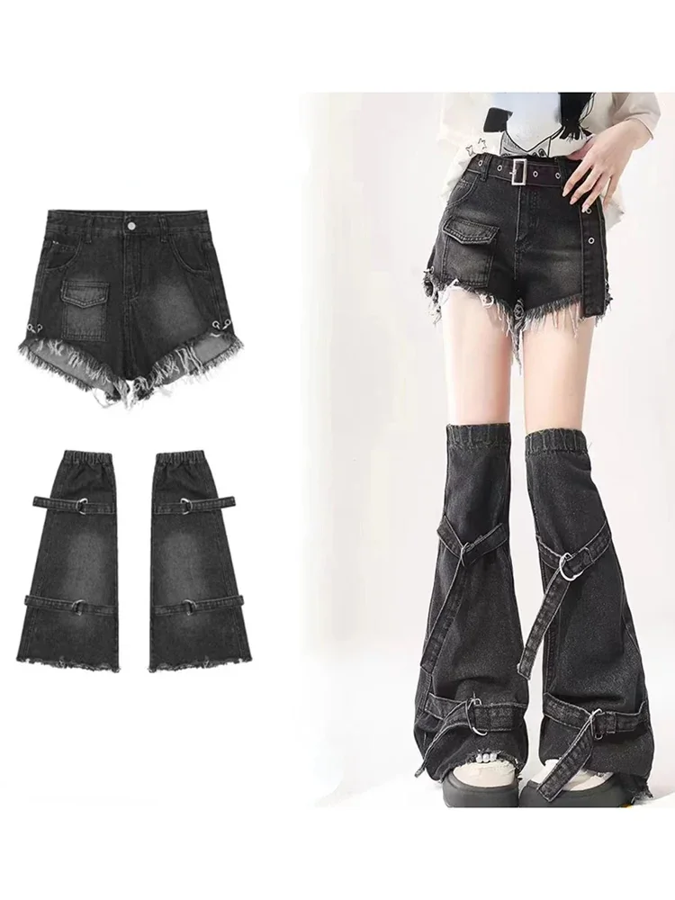 Y2K Gothic Street Wear American Retro Women's Cut Denim Shorts Summer Fashion New Leg Covers Two Piece Set High Waist Pants