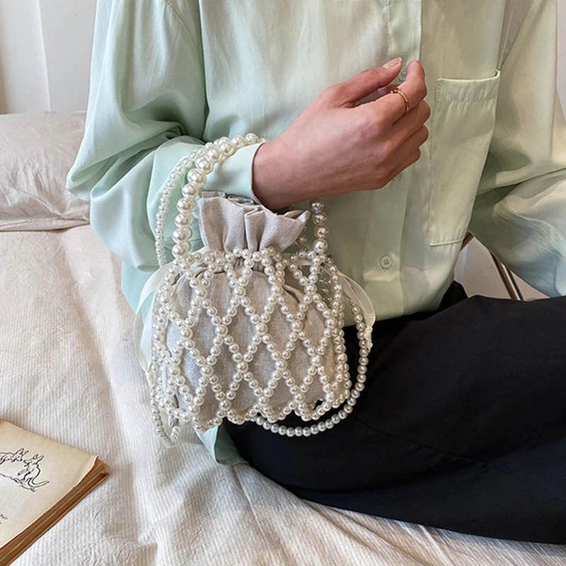 Handmade Pearl Bag Sweet Designer Brand Shoulder Tote Bag Bead Handbag Women Summer Party Small Bucket Purse