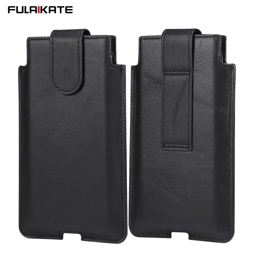 FULAIKATE Genuine Leather Cell Phone Bag Waist Belt Pouch Men's Vertical Portable Protective Holster Thin Pocket for iPhone 14