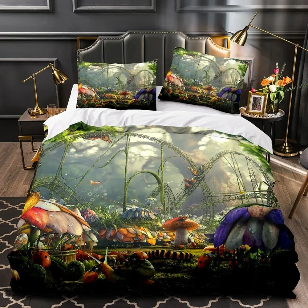 Mushroom Fairy Forest Duvet Cover Magic Lilliputian Cartoon Fungus Plant Bedding Set Fantasy Garden Polyester Comforter Cover 6