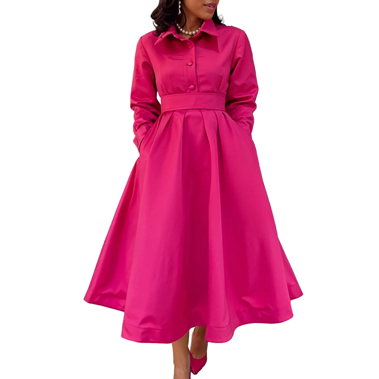 Wmstar Women Dress Elegant Solid Button Waist V Neck Long Sleeve Pockets Shirts Maxi Length Comfortable Pleated Holiday Dresses