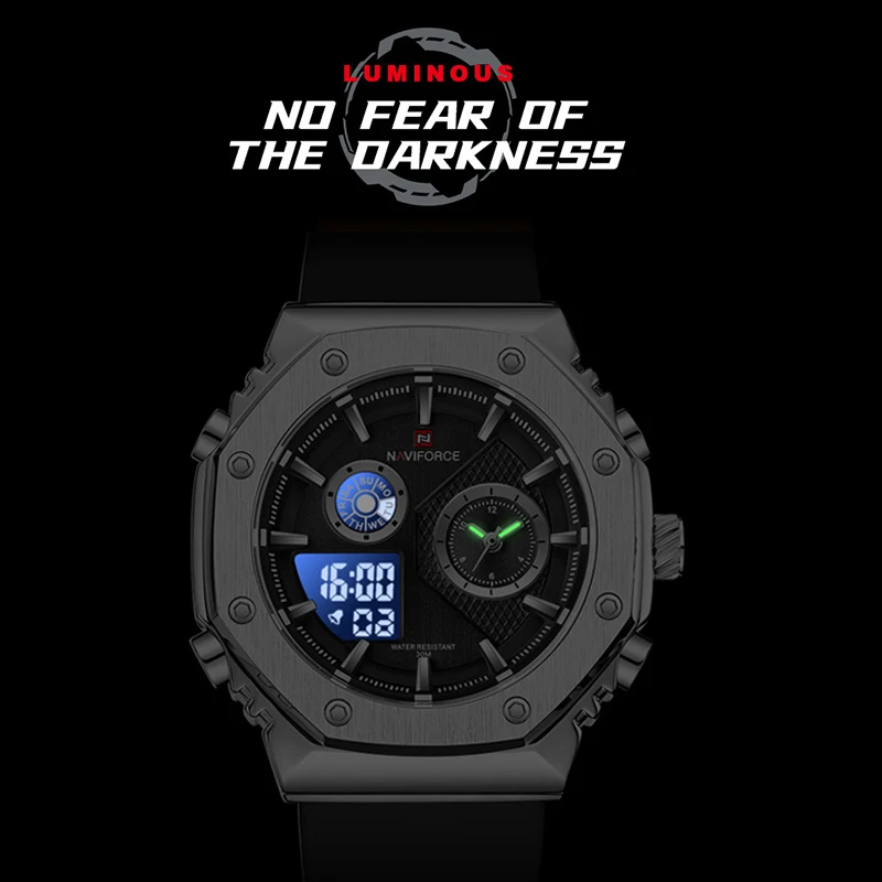 NF9216T Men's Watches NAVIFORCE Military Sports Waterproof Male Quartz Dual Display Wristwatch Silicone Strap Luminous Man Clock