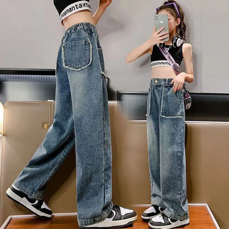 용수철 십대 소녀 데님 와이드 레그 팬츠, 어린이 바지, 캐주얼 청바지, 4, 6, 8, 10, 11, 12, 13 세 아동복, 여름