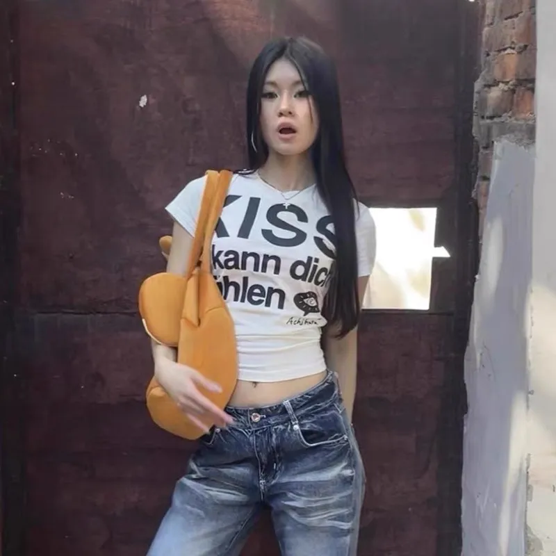 Karrram Japanese Y2k Letter Print T-shirt Trashy 2000s Style Crop