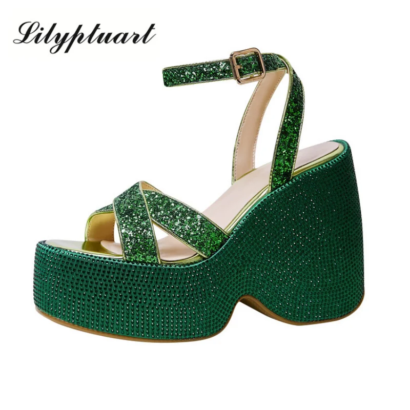 

2023 Women's Spring and Summer New Fashion Elegant Rhinestone Sequins Thick High Heel Buckle Sandals Party Show Shoes