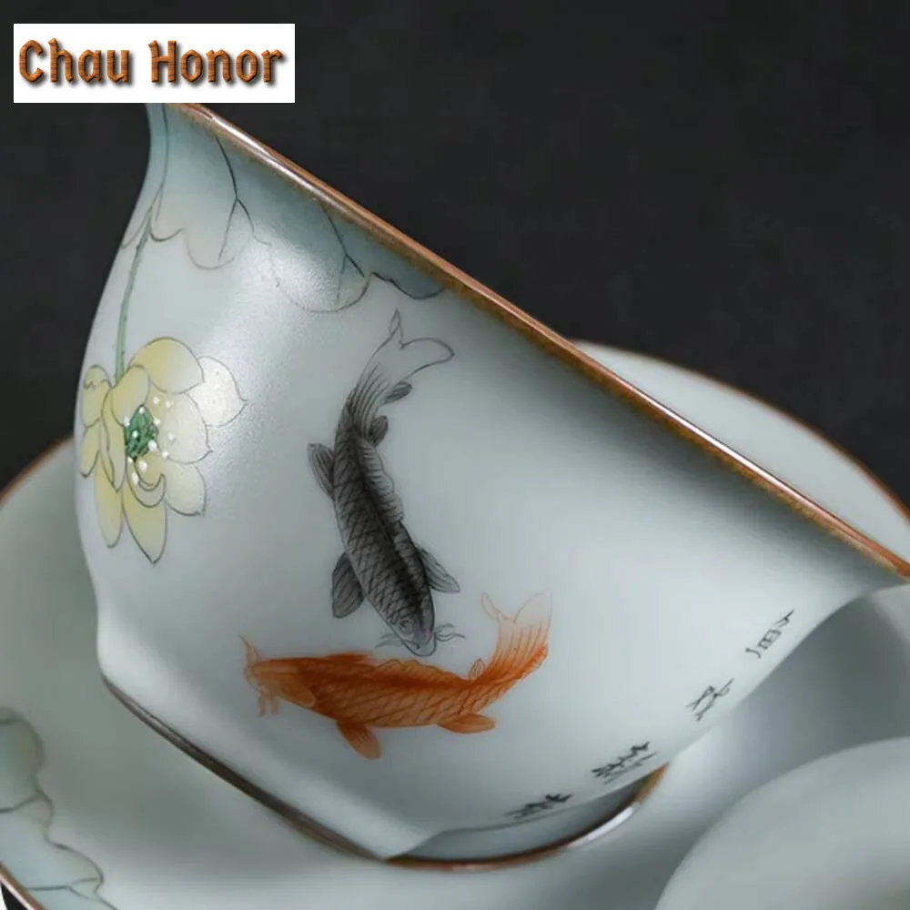 170ml Pure Handmade Ru Kiln Gaiwan Hand-painted Fish Lotus Tea Tureen Opening Tea Maker Cover Bowl Tableware Collection Gift Box