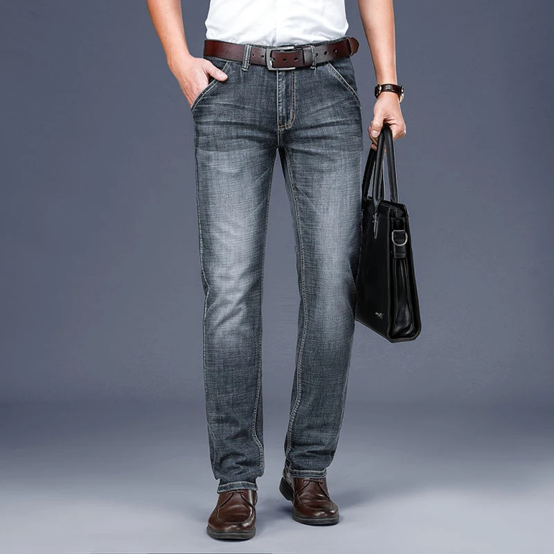 Pantalones vaqueros de negocios de alta calidad para hombres, pantalones casuales sueltos de pierna recta, pantalones elásticos de cintura media con