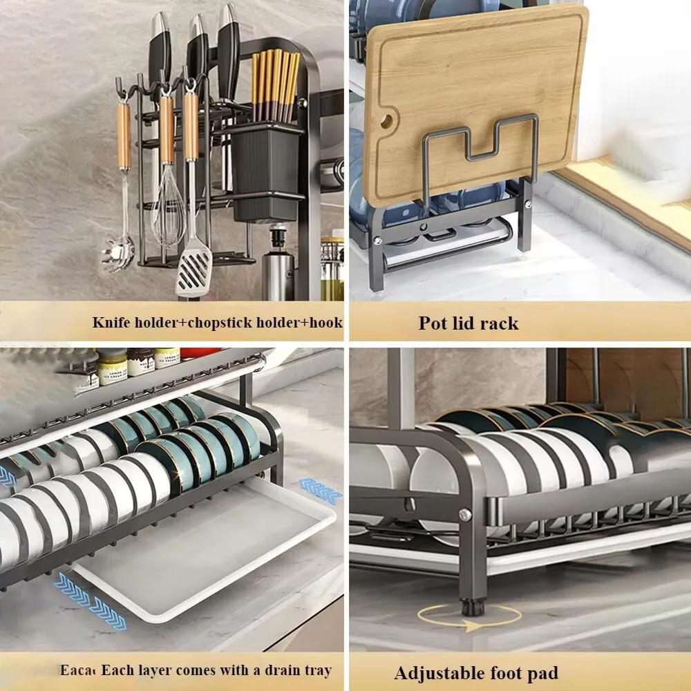 2-Tier Large Dish Drying Rack with Drainboard and Utensil Holder