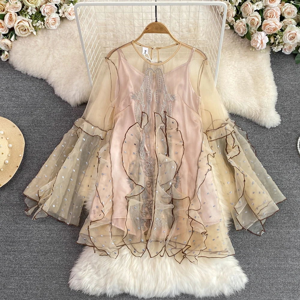 

Vintage Temperament Long-sleeved Crew Neck Embroidered Ruffled Yarn Dress