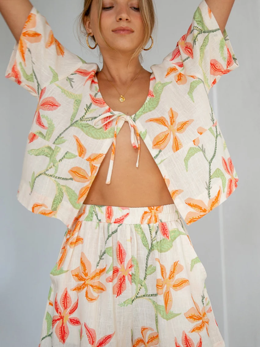 Marthaqiqi Casual Printing Women Nightwear 2 Piece Set O-Neck Pajama Half Sleeve Nightgown Lace Up Sleepwear Shorts Pyjamas Suit