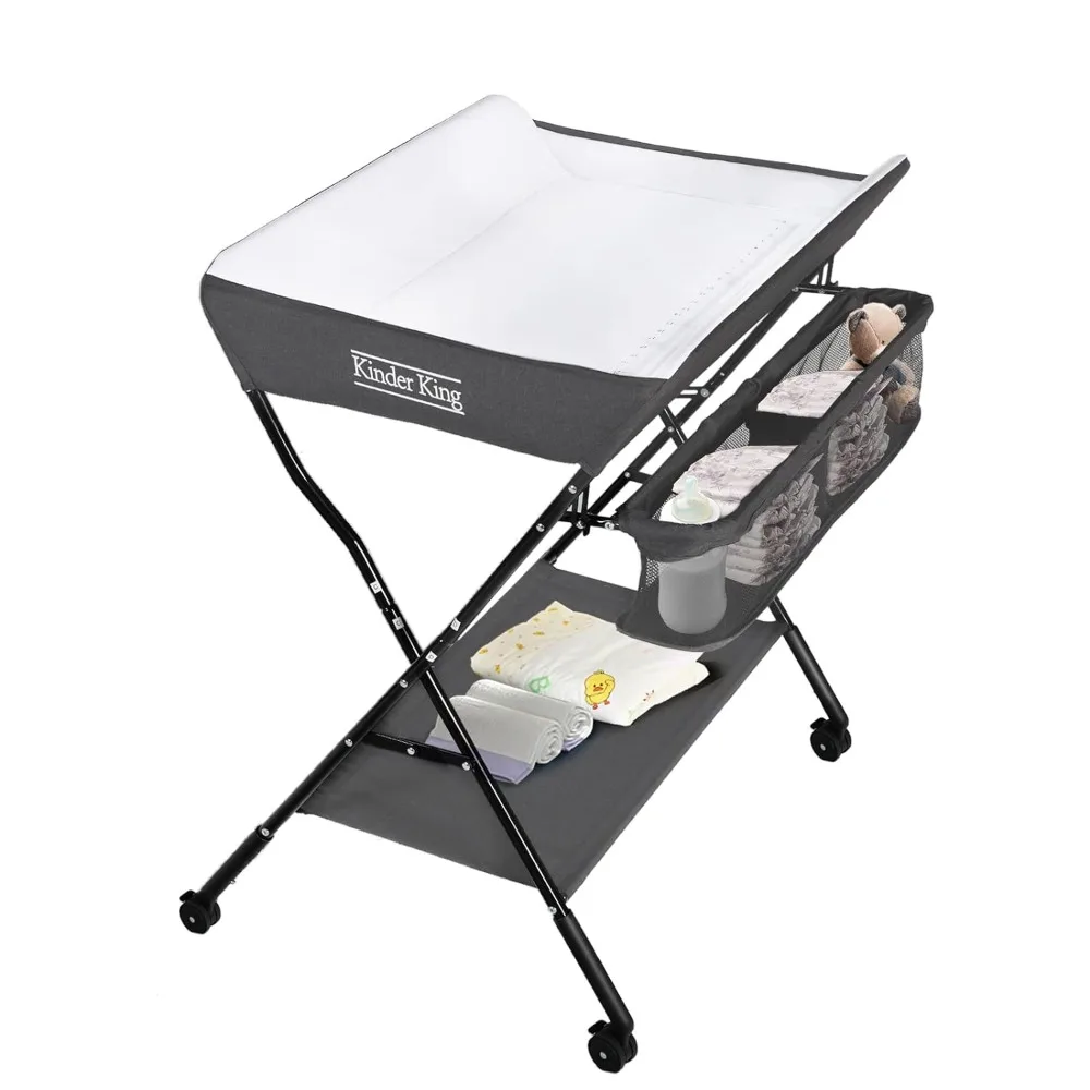 

Portable Baby Changing Table w/Wheels, Adjustable Height Folding Infant Diaper Station, Mobile Newborn Nursery Organizer