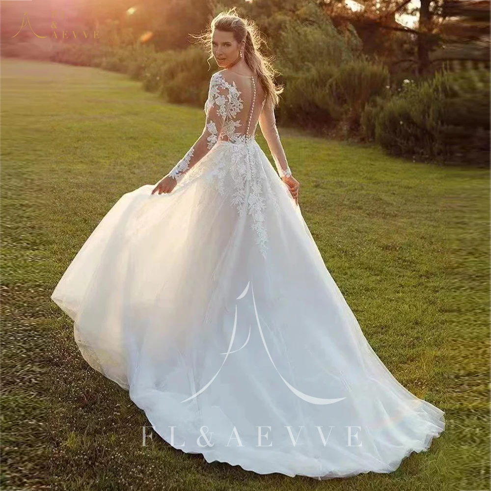 Pastrol Wedding Dresses For Woman Boho Long Sleeves Illusion Scoop Bride Gowns Applique Tulle vestidos de novia Customized