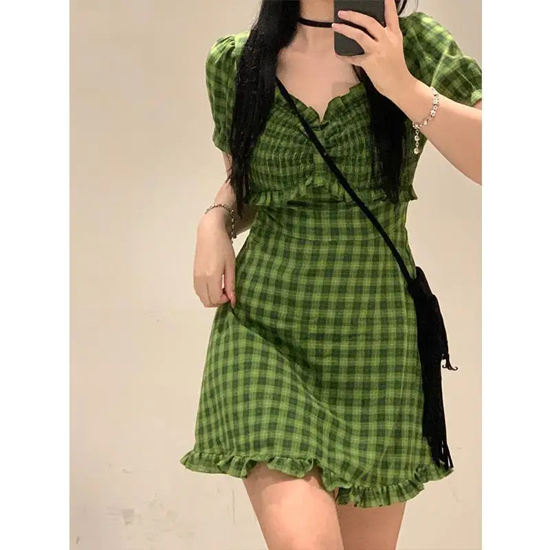 

2023 Spring summer ladies green plaid elegant midlength dress big loose new design sweet leisure traffic dress waist skirt