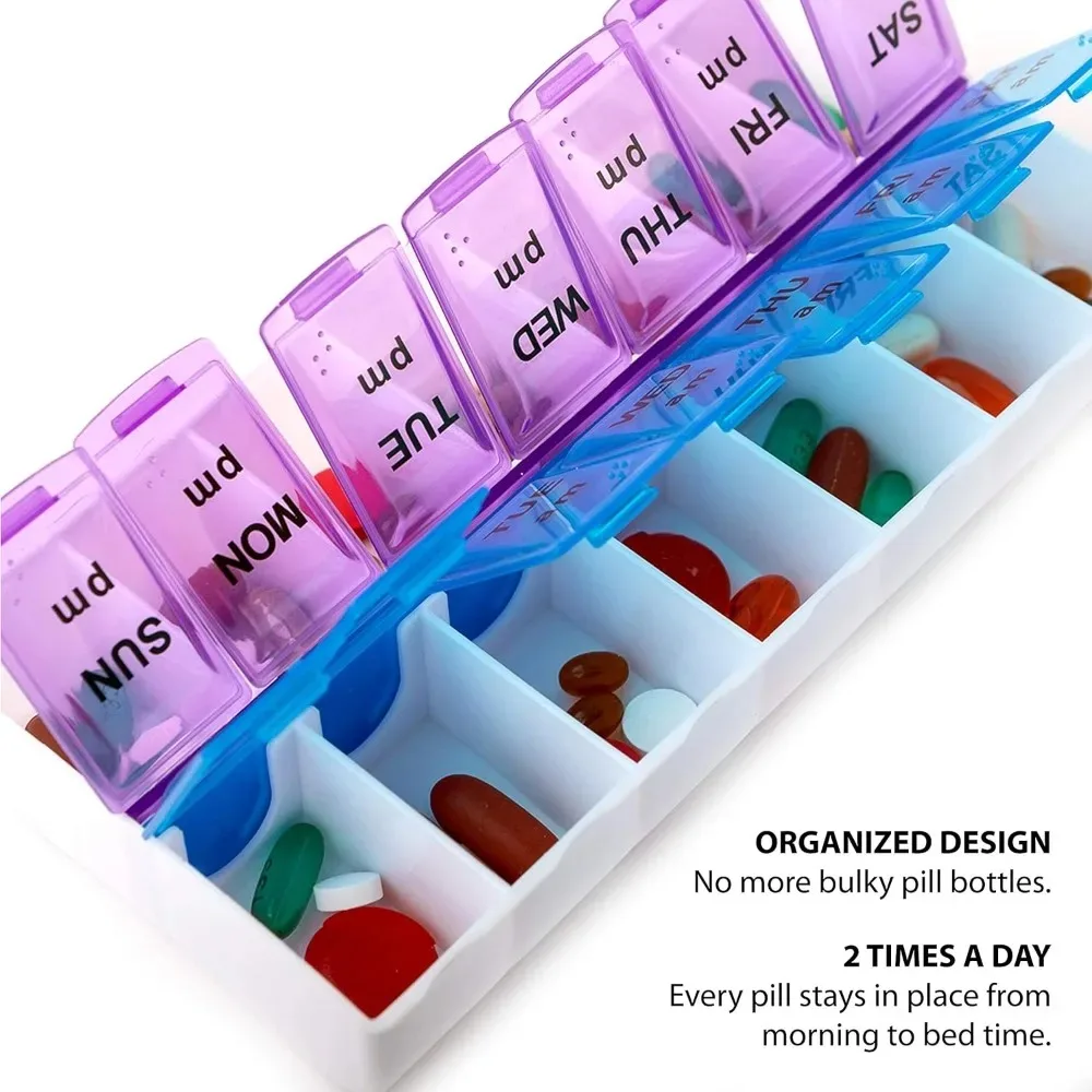 Premium Weekly Twice-Daily Pill Organizer - Easy Open, BPA-Free Travel Case for Vitamins and Medications