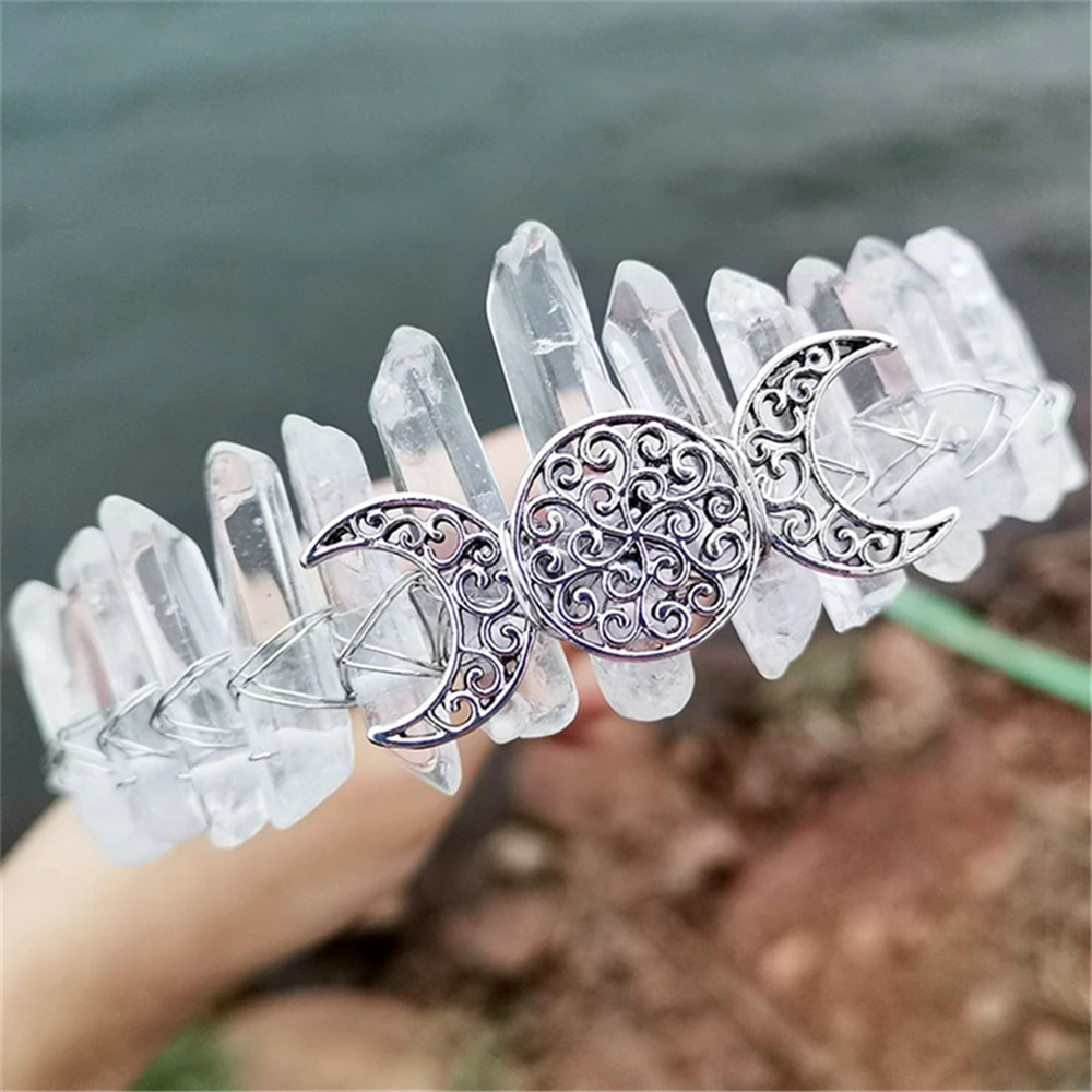 Charm Natural Crystal Wicca Moon Hair Accessories Women Witch Girl Crown Handmade Raw Quartz Headdress Gothic Prom Tiara Jewelry
