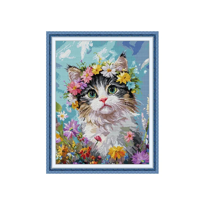 Joy Sunday News Printed Cross Stitch Kit Easy Sewing Pattern for Beginner Stamped Fabric EmbroiderySet-Pink-nosed Kitten