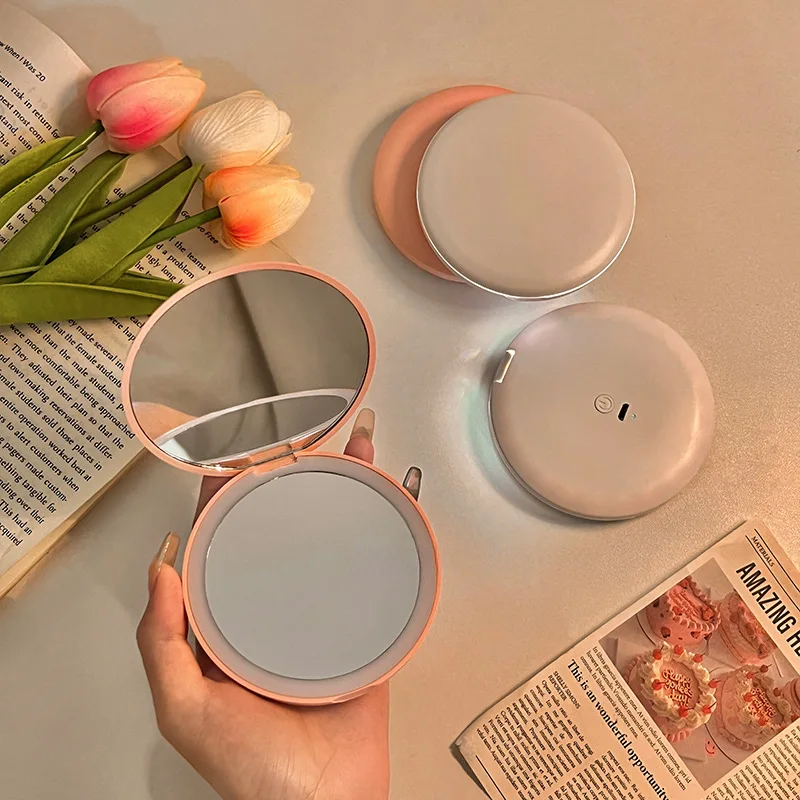 Makeup Mirror Portable Small Mirror Light LED Makeup Pocket Mini Handheld Luminous Folding Round